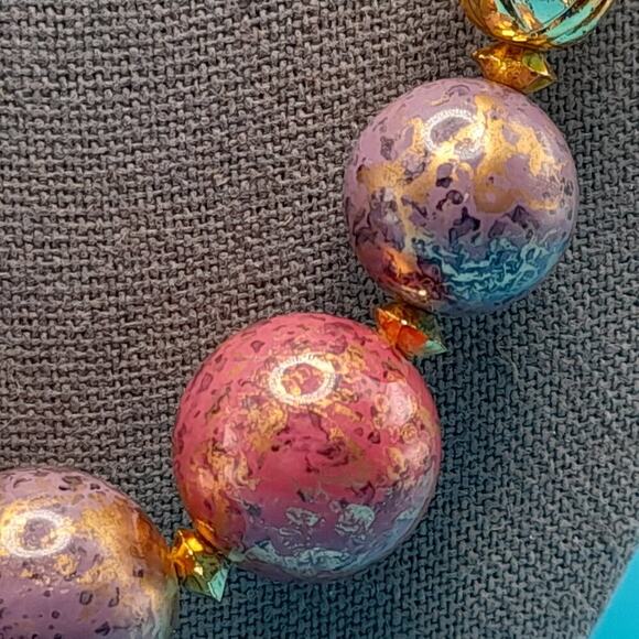 Vintage Chunky Art Beaded Necklace, Gold White Purple Beads, 24 Inches - Picture 10 of 12